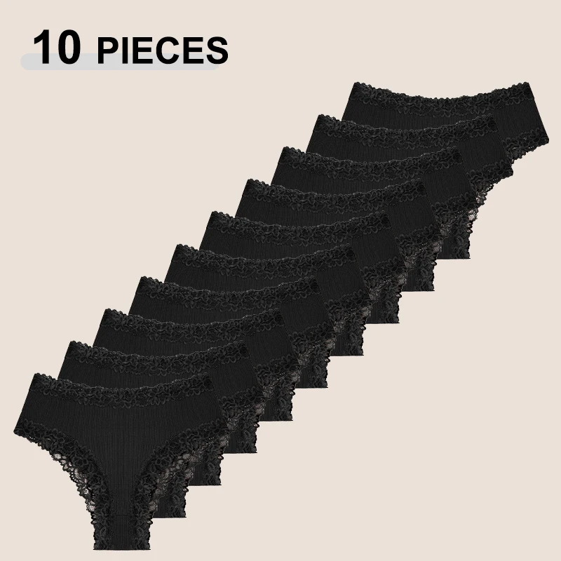 10PCS Women's Cotton Panties Seamless Solid Color Patchwork Lace High Waist Underwear Female Soft Cozy Bikini Intimates Lingerie