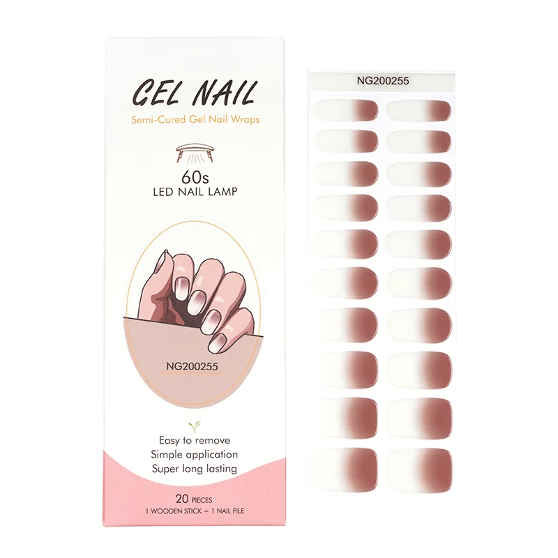 Nude Semi-Cured Gel Nail Patch Slider Adhesive Waterproof Long Lasting Aurora Full Cover Gel Nail Sticker UV Lamp Needed 20Tips