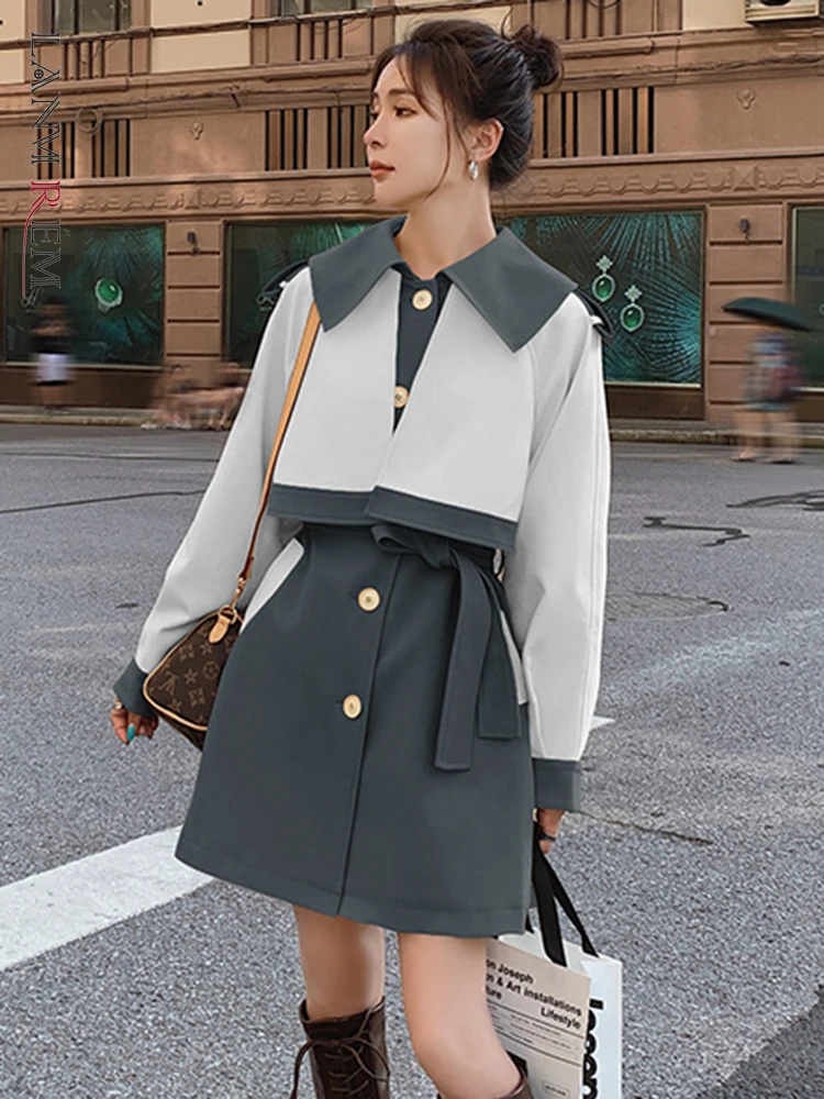 

LANMREM Fashion Spliced Women Trench Coat Contrast Color Single Breasted Long Sleeves Coats Female Clothes 2023 Spring 2YA350