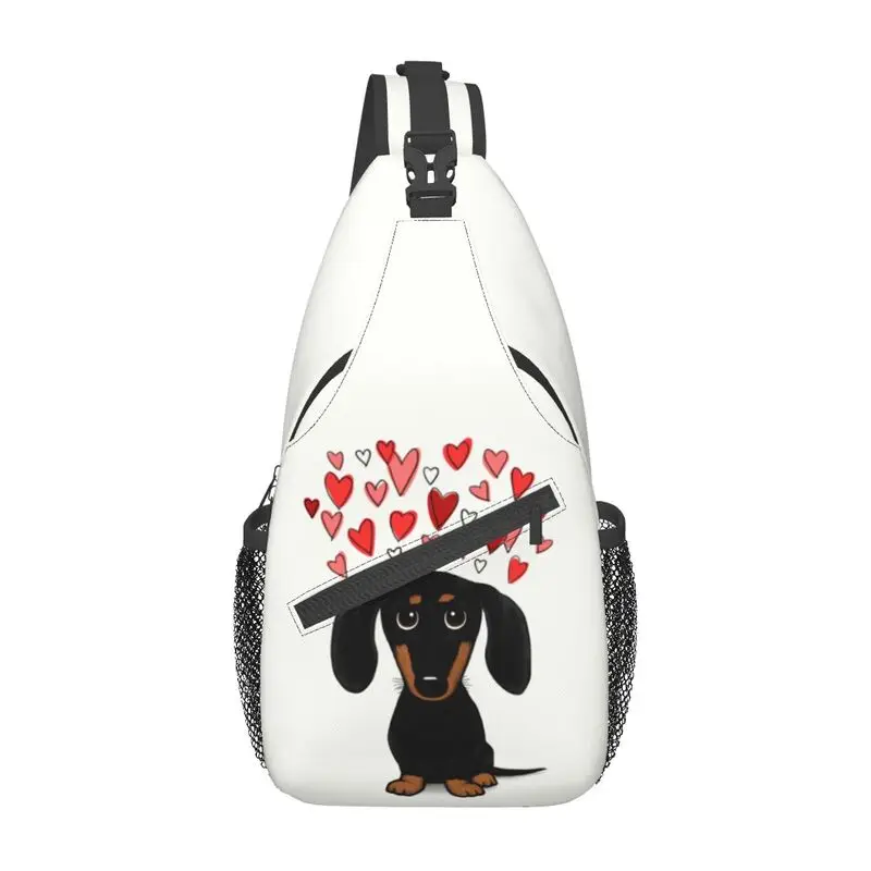 

Dachshund With Valentine Hearts Crossbody Sling Backpack Men Cartoon Wiener Badger Sausage Dog Shoulder Chest Bag for Traveling