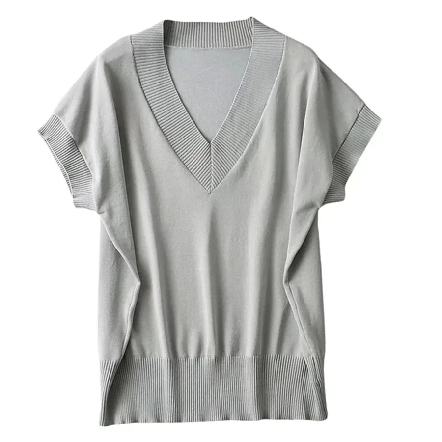 

Withered Loose Short Sleeve Spring Sweater Women England Style Office Lady Simple V-neck Knitted TShirt Women Pullover Tops