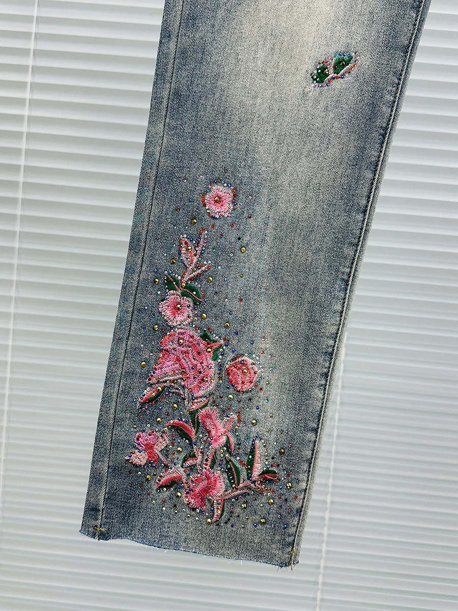 Embroidered Rhinestone Straight Jeans Women 2024 Spring Summer New Fashion High Waist Slim-Fit Smoke Tube Cropped Pants Lady