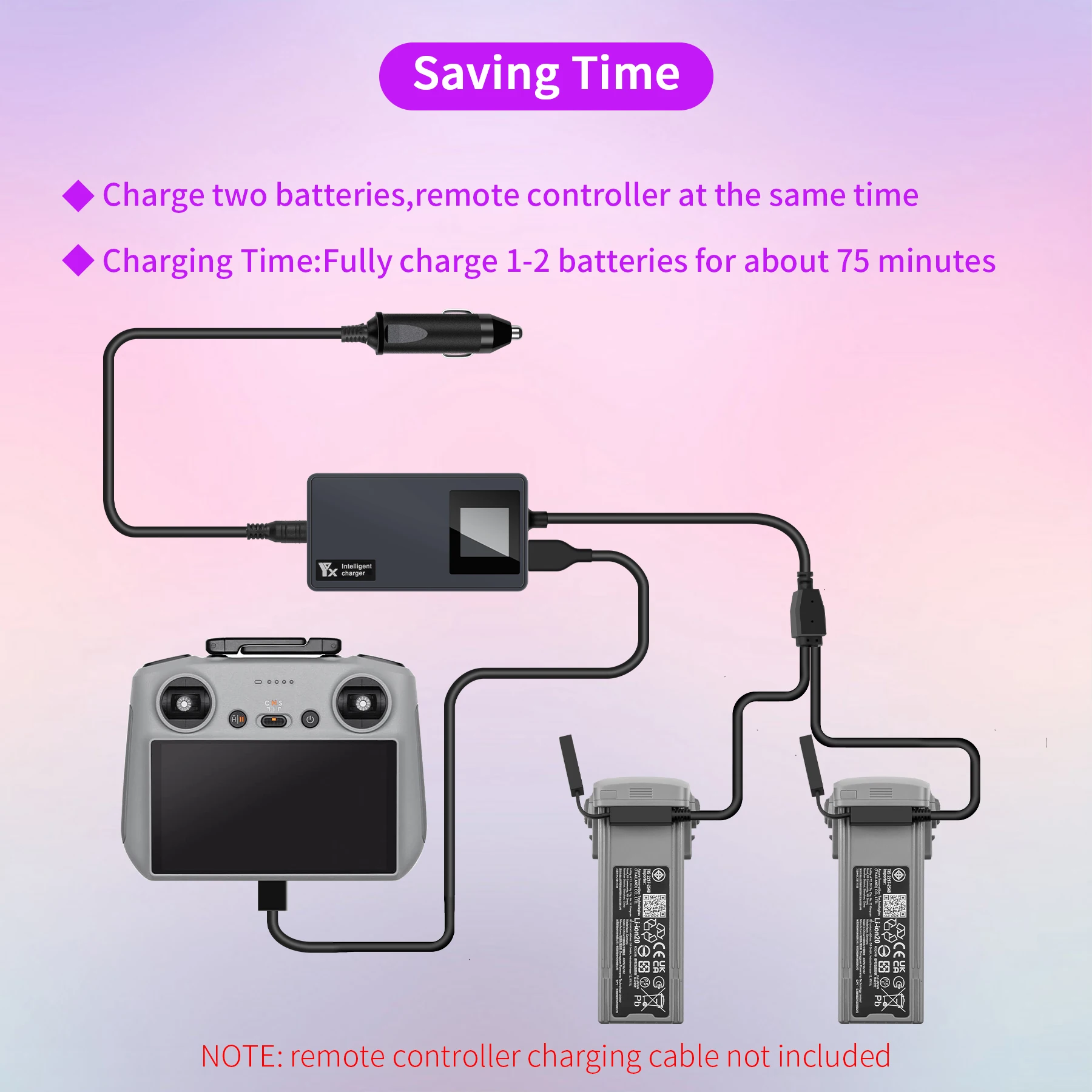 Digital display car charger for DJI AIR 3/3S Battery Remote Control Vehicle Charger Portable Intelligent Charging Hub