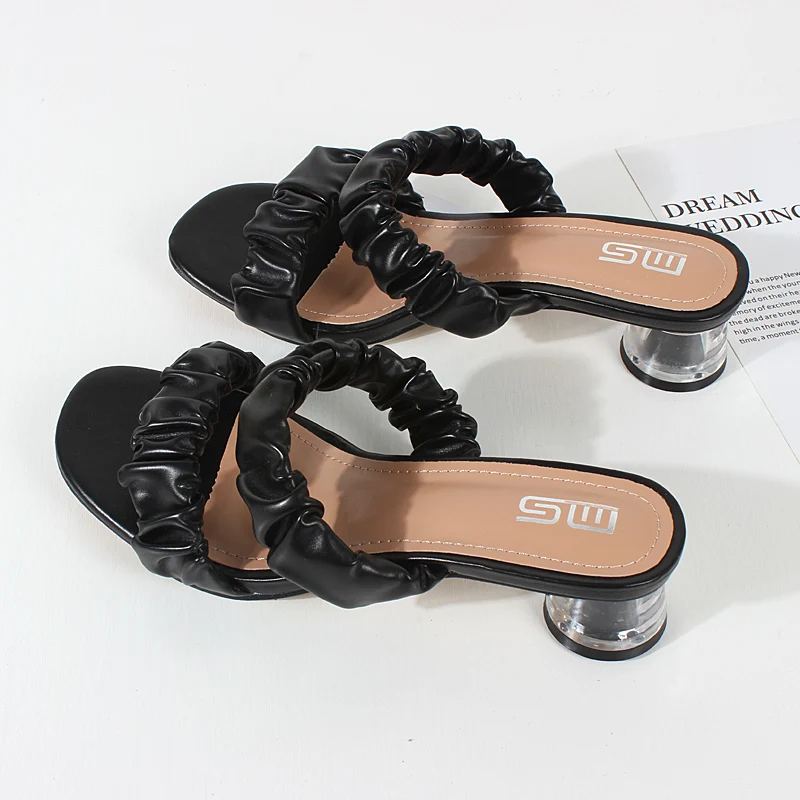 2022 Summer New Fashion Women Sandals Pleated Material Open Toe mid-heel Soft And Comfortable Shoes |