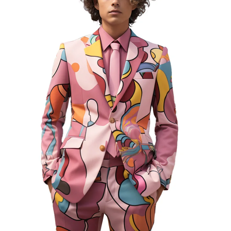New Men's Pink Series COS PLAY Party Stage Singer Dancer Nightclub Shiny Cool Performance Suit 2 pcs Blazers Jacket Pants Sets