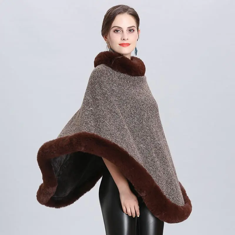 

Fashion Spliced Flocking Cloak Shawl Sweater Overcoats Ponchos Pullovers Knitwear Women Winter New Fur Collar Patchwork T76