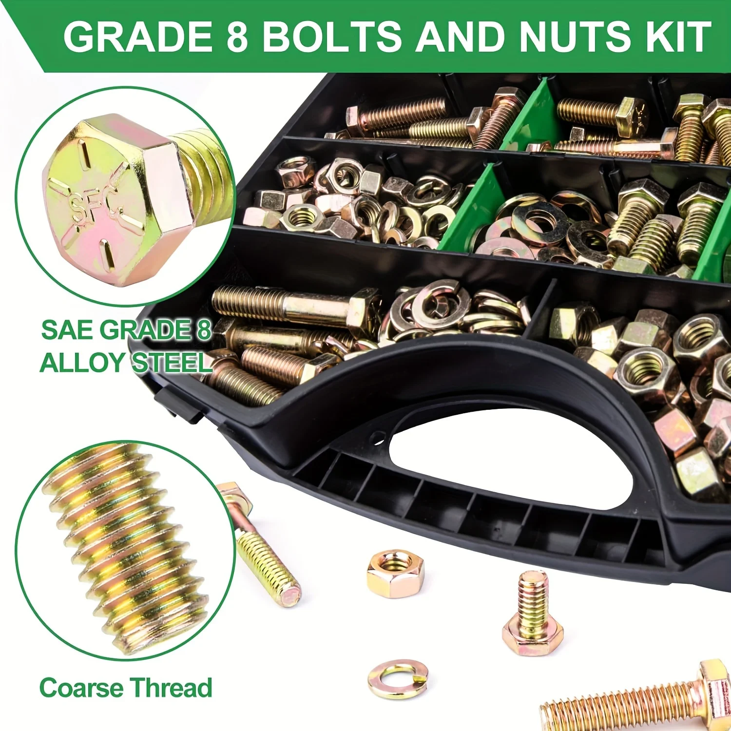 523PCS Grade 8 Bolts and Nuts Assortment Kit 1/4-20 5/16-18 3/8-16 SAE Hex Bolts