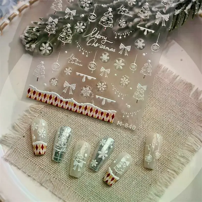 1sheet Cute DIY Christmas Embossed Nail Stickers - White Christmas Tree Snowflake Red Bow Prints, Festive 3D Manicure Decor