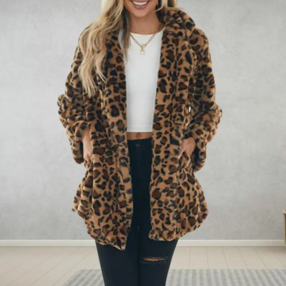 

Женское Свободное пальто с леопардовым принтом, плюшевое пальто для женщин, стильное ветрозащитное пальто средней длины с карманами и лацканами, женственное пальто