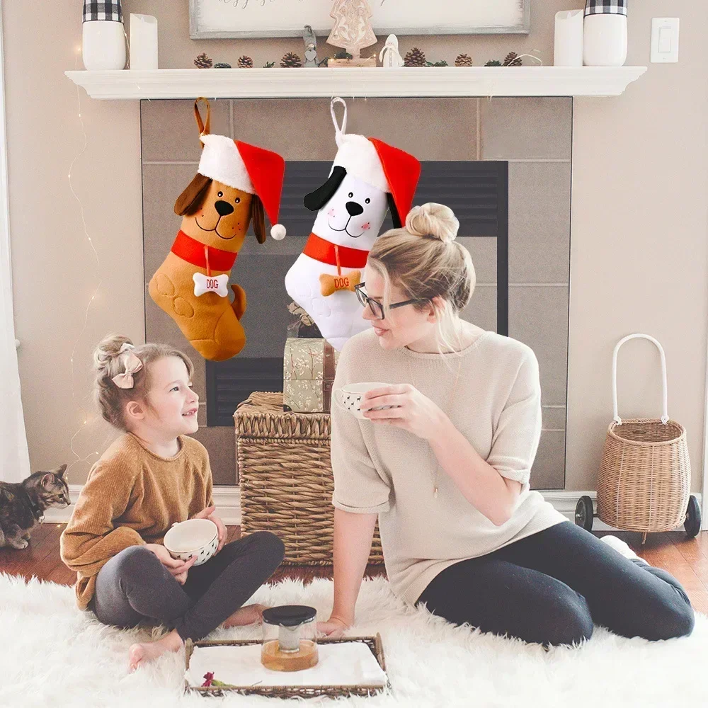 Dog Bone Shape Christmas Stockings Christmas Gift Bag Tree Fireplace Decoration Socks New Year Candy Gifts for Kids Pet