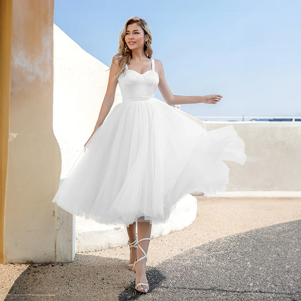 

Chraming Spaghetti Straps Sweetheart Collar Prom Dress for Women A-line Tulle Tea-Length Prom Party Gown vestidos de festa