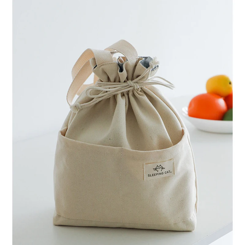 Lunchtasche aus Canvas mit Kordelzug, wiederverwendbare Lunchtasche, große, faltbare, tragbare, isolierte Handtasche, geeignet für Arbeit, Picknick oder Reisen. – Detail 2