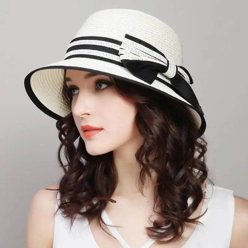 Muchique Boater Hats For Women Summer Sun Straw Hat Wide Brim Beach Hats Girl Outside Travel Straw Cap Casual Bow Hat_voghion.com
