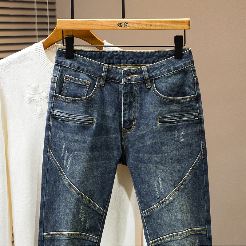 Light luxury high-end MEN'S jeans splicing patch slim straight casual bike simple personality denim blue casual pants