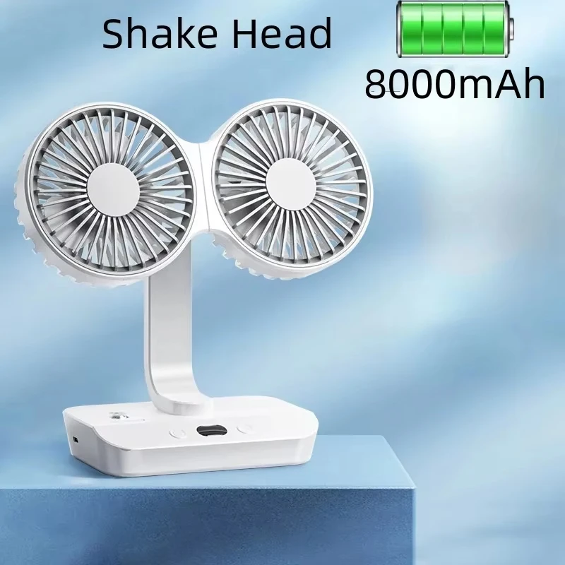 Double Head Desk 8000mAh Rechargeable 4 Speed Oscillating Fan Digital Display Adjustable Airflow_voghion.com