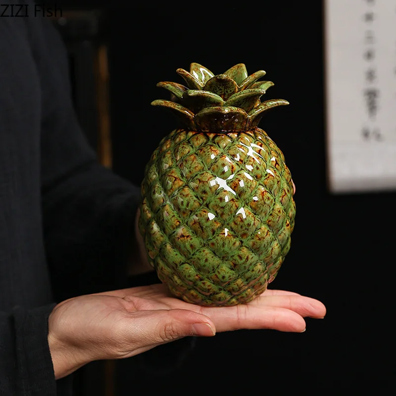 Tea Tin Box Tea Canister Ceramic Storage Jar Chinese Pineapple Tea Can Ceramic Tea Storage Can Creative Sealed Office Home Candy Storage Decoration Friend Gift