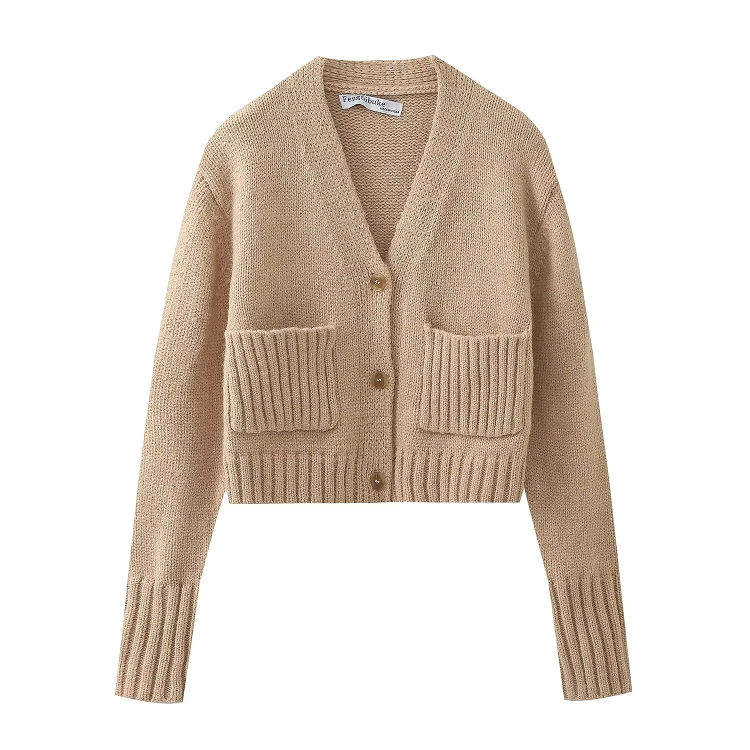 

TRAF Ladies Cropped Knit Sweater 2023 Autumn Basic Gentle Elegant Soft V-neck Cardigan Women Casual Street Ribber Trims Sweater