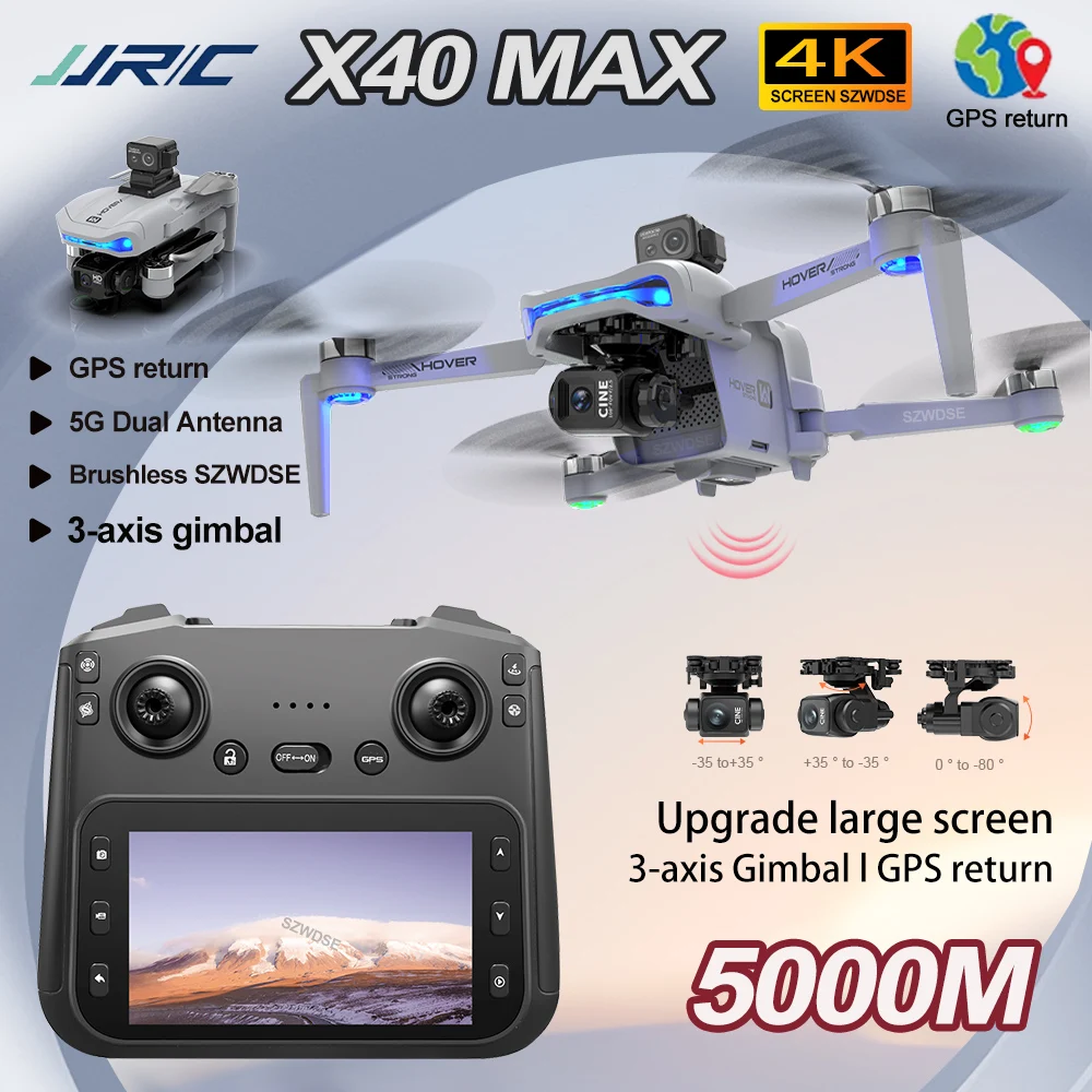 Vue rapprochée du cardan 3 axes et de la caméra 4K du drone professionnel X40 Pro Max avec GPS.