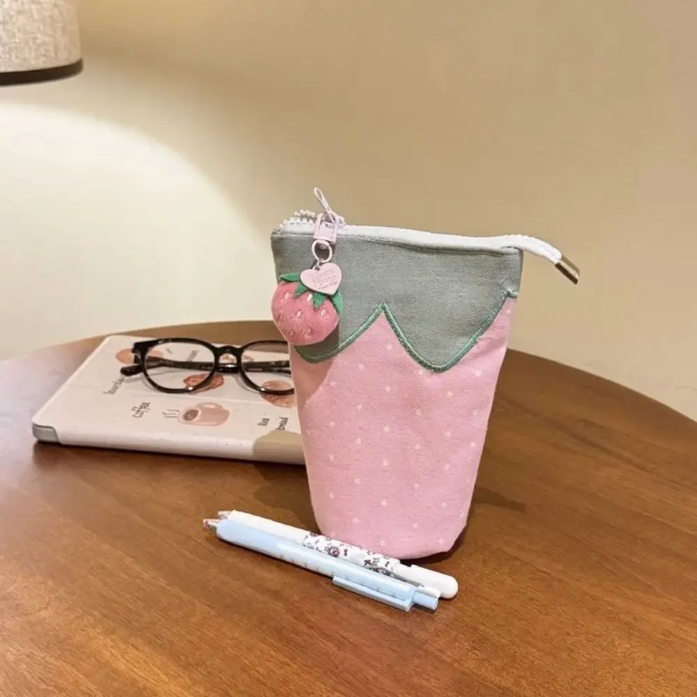 Adorable Foldable Strawberry Pencil Holder with Large Capacity - Cylindrical Stand-Up Cartoon Stationery Case