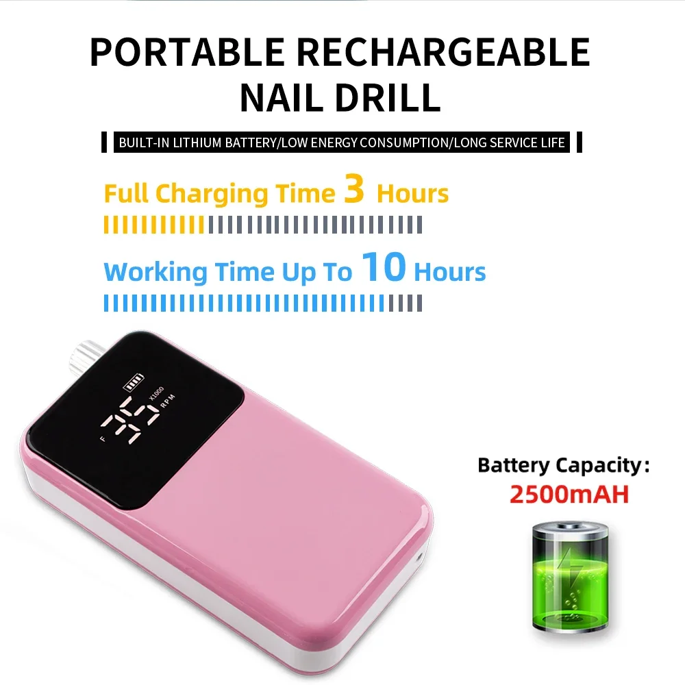 Professional Electric Nail Drill Machine 35000RPM Portable Nail File Rechargeable Nail Sander for Gel Nails Polishing Salon Tool 3