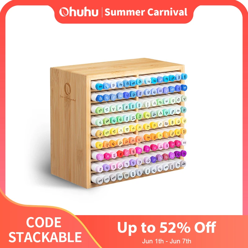 ohuhu-bamboo-marker-organizer-wooden-desktop-storage-hold-126-markers-pens-pencils-art-brushes-stationary-organizer-pen-holder