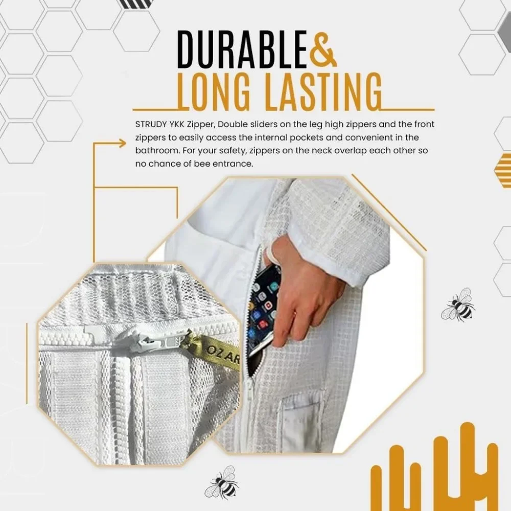 Three Layer Mesh Ventilated Beekeeping Suit, Beekeeper Suit with Fencing & Round Brim Hat Comfortable Sting proof Anti Wasp Suit