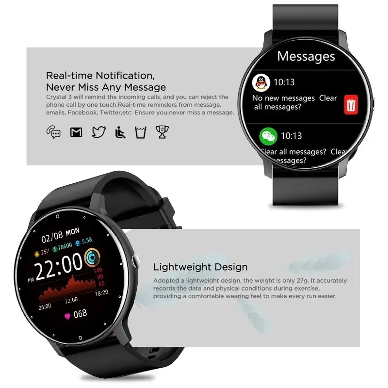 Smartwatch ZL02D Donna Uomo Regalo Sport Fitness Orologio con Monitoraggio della Frequenza Cardiaca Impermeabile per IOS Android - immagine 3