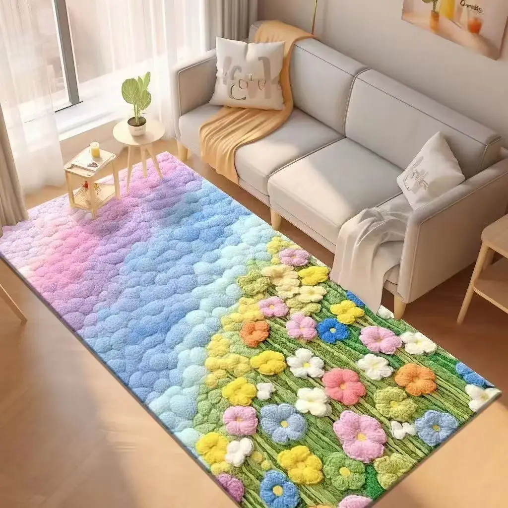 

Bedroom Home Carpet Long Area Colorful Flowers Flocking Rugs Living Room Thickened Decoration Rug Non-slip Coffee Table Mat