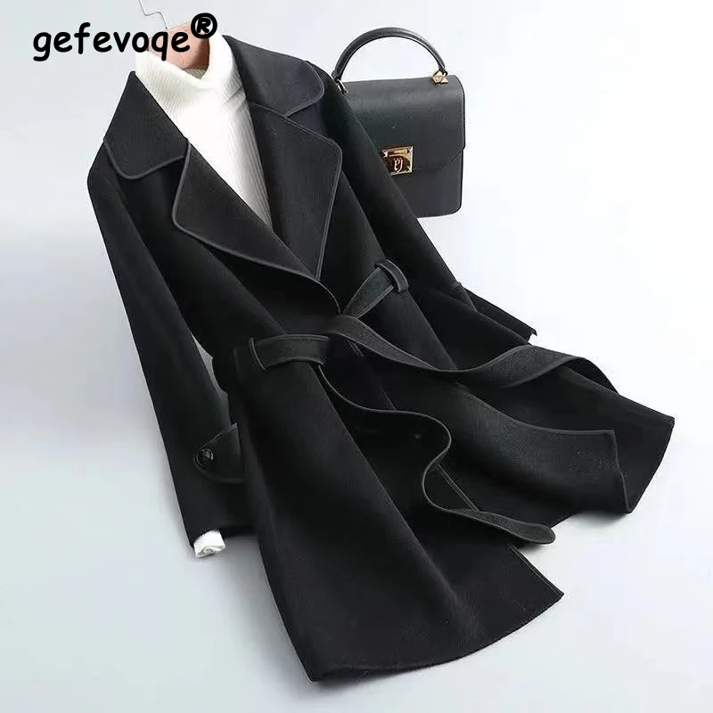 Women Elegant Fashion Lace Up Contrast Color Double-Sided Cashmere Coat Autumn Winter Long Sleeve Thick Woolen Mid Length Jacket 2023 autumn new two sided song brocade gorgeous high style art decompromising loose sleeve t shirt for women