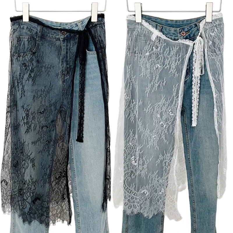 

Women Hip Scarf See Through Flower Eyelash Lace Apron Long Half Skirt Overskirt Dropship