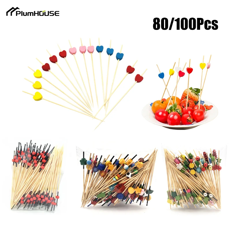 

80/100Pcs Heart Disposable Bamboo Skewers Food Cocktail Picks Buffet Fruit Cupcake Fork Sticks Party Table Decoration Supplies