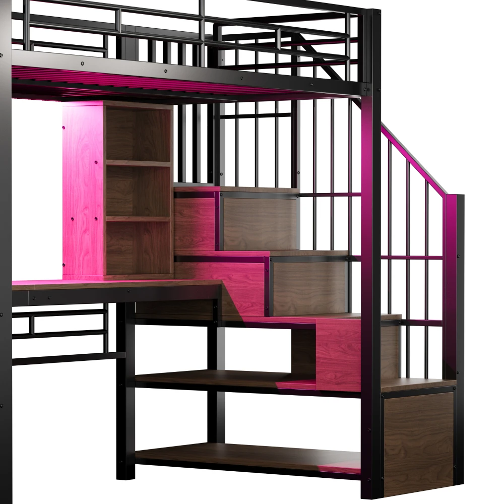 Hochbett 90×200cm, mit Regal, Schreibtisch, Steckdose und LED-Beleuchtung, integriertem Stauraum-Treppenhaus (links/rechts montierbar), Eisenrahmen – Detail 32