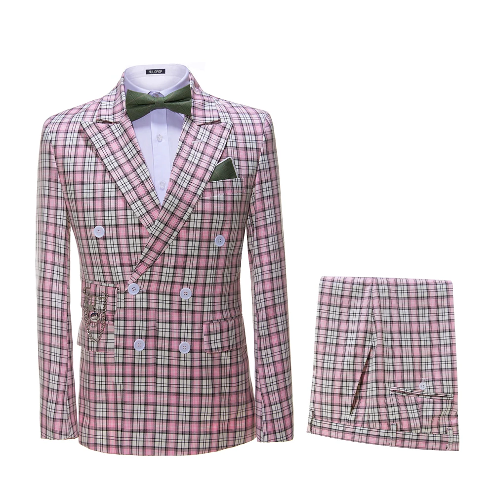 

2024 Men Suits Blazer Terno Costume Pink Plaid Lattice Formal Groom Wedding Dress Double Breasted Fashion 2 Pcs ( Jacket+Pants)