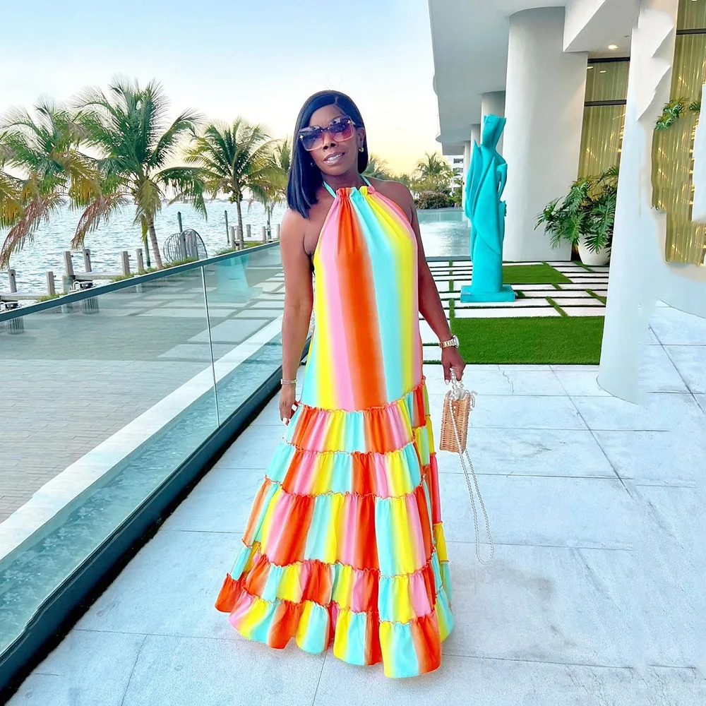 

2022 Summer New European and American Women's Temperament Elegant Leisure Joker Strap Neck-hanging Print Loose Backless Dress
