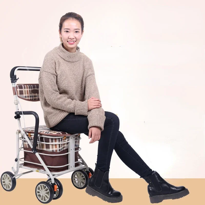 Foldable Walking Trolley  Lightweight FourWheel Mobile Chair Large Capacity Elderly Shopping Aid with Seating Mobility Walker 4