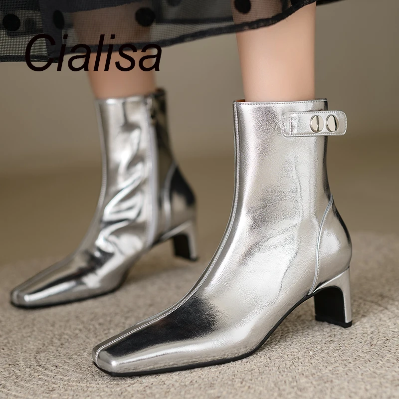 

Cialisa 2023 Autumn Winter Short Boots For Women Fashion Silver Square Toe Zipper Genuine Leather Lady High Heels Ankle Boots 40