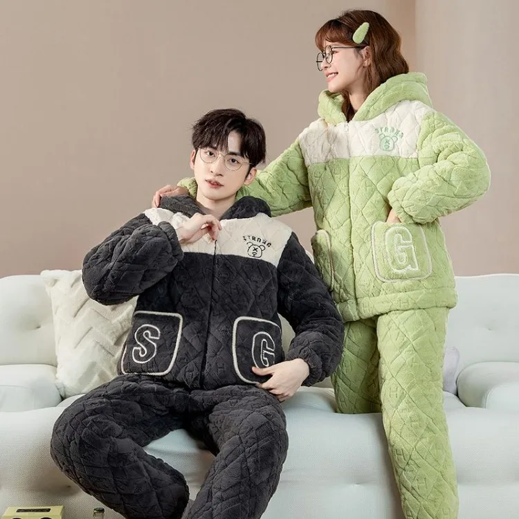 2023 Couple's Pajamas Autumn Winter Women's Coral Fleece Triple Layer Cotton Loungewear Fleece Thick Flannel Men's Warm Homewear