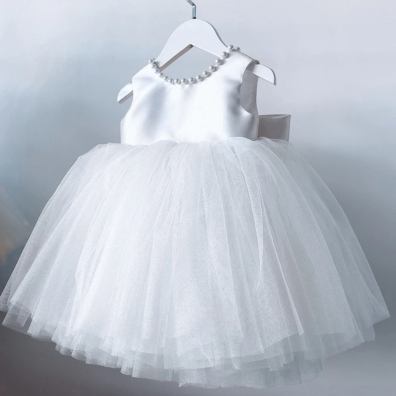 Vestido de Bautismo con lazo para niñas pequeñas, vestido esponjoso, fiesta de cumpleaños, boda, cuentas, tutú de occaación Formal, 1 año