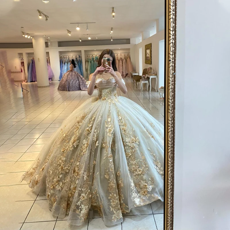 

Fansha Ball Gowns Princess Prom Dress Saudi Arabric Off the Shoulder Appliques Floral Print Tulle Quinceanera Drop Shipping