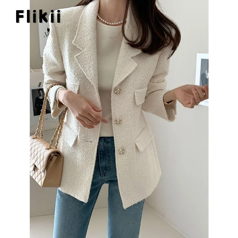 

2023 Winter Women Luxury Notched Collar Long Sleeve Blazers Solid Casual Office Lady Single Button Loose Elegant Tailored Coat