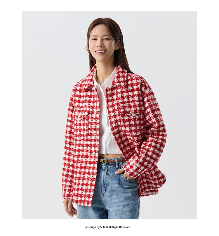 Prendas de abrigo para mujer, estilo medio largo, moda nueva primavera, top de tweed a cuadros