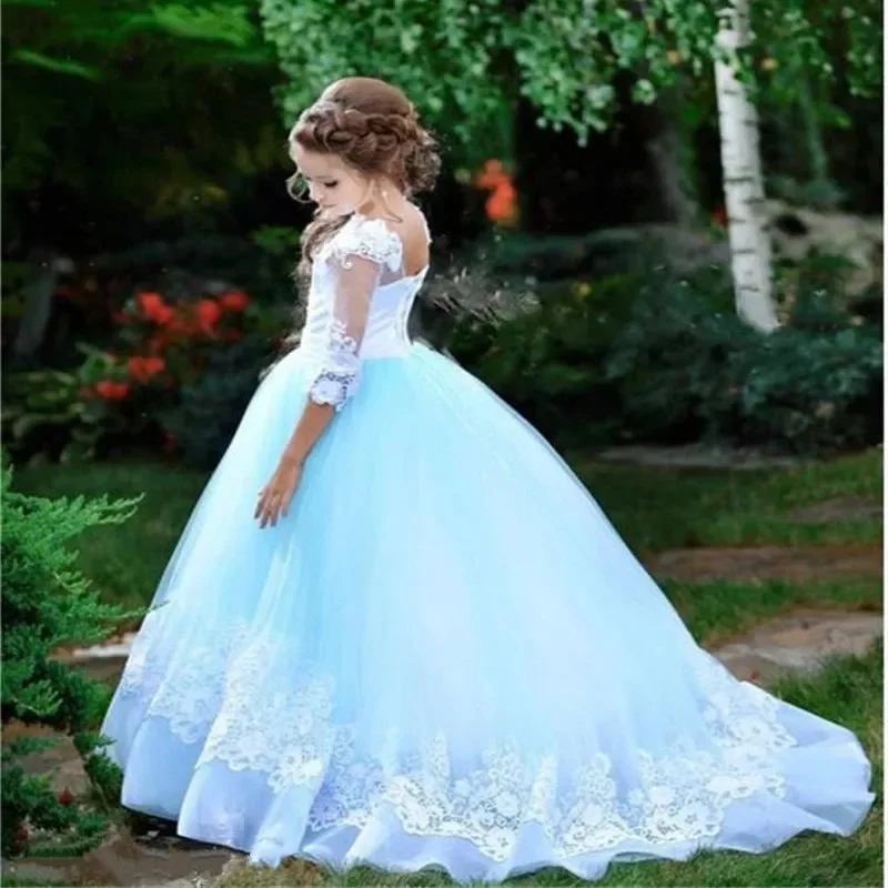 

Blue Applique Flower Girl Dress For Wedding Lace Tulle Puffy Floor Length Kids Birthday Party First Communion Ball Gowns