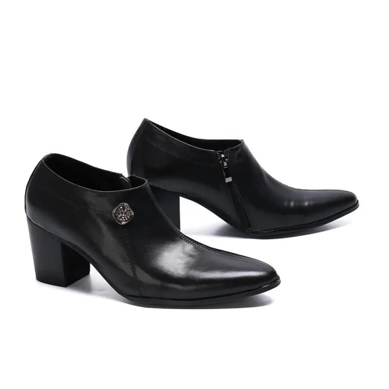 8cm high heels, men's leather shoes with pointed zippers, black leather shoes, men's designers, stage performances, parties