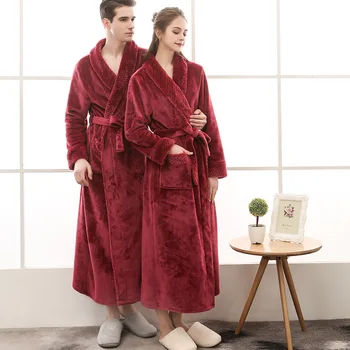 Couples Flannel Robes Winter Thicken Kimono Night Dresses Plus Size Autumn Patchwork Fleece Long Robes Bathrobe Nightgown