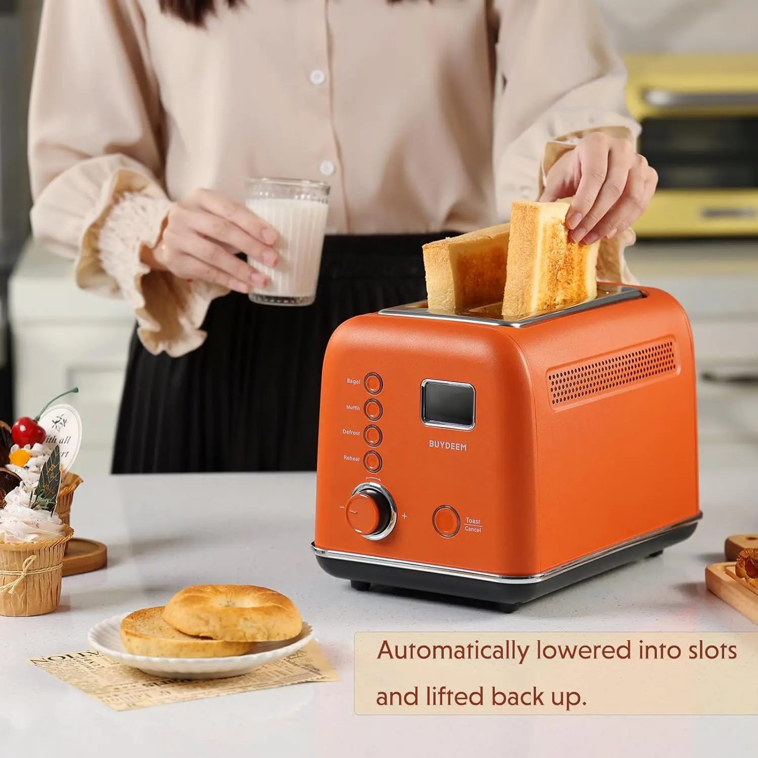 Motorized Toaster, 2-Slice Smart Digital Leverless Toaster with LCD Countdown Timer, 9-Shade Settings for Toast, Bagels, Waffles 6