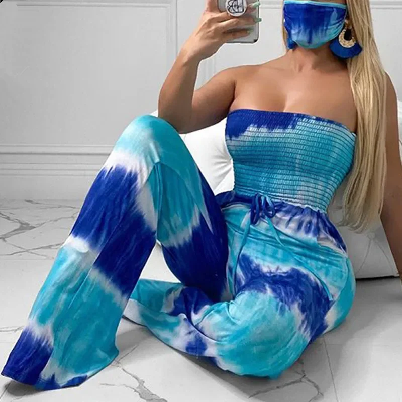 

2024 Women Tie Dye Printed Strapless Wide Leg Jumpsuit Blue Sexy Halter Tube Top Wide Leg Siamese Pants with Mask Set Bohemian