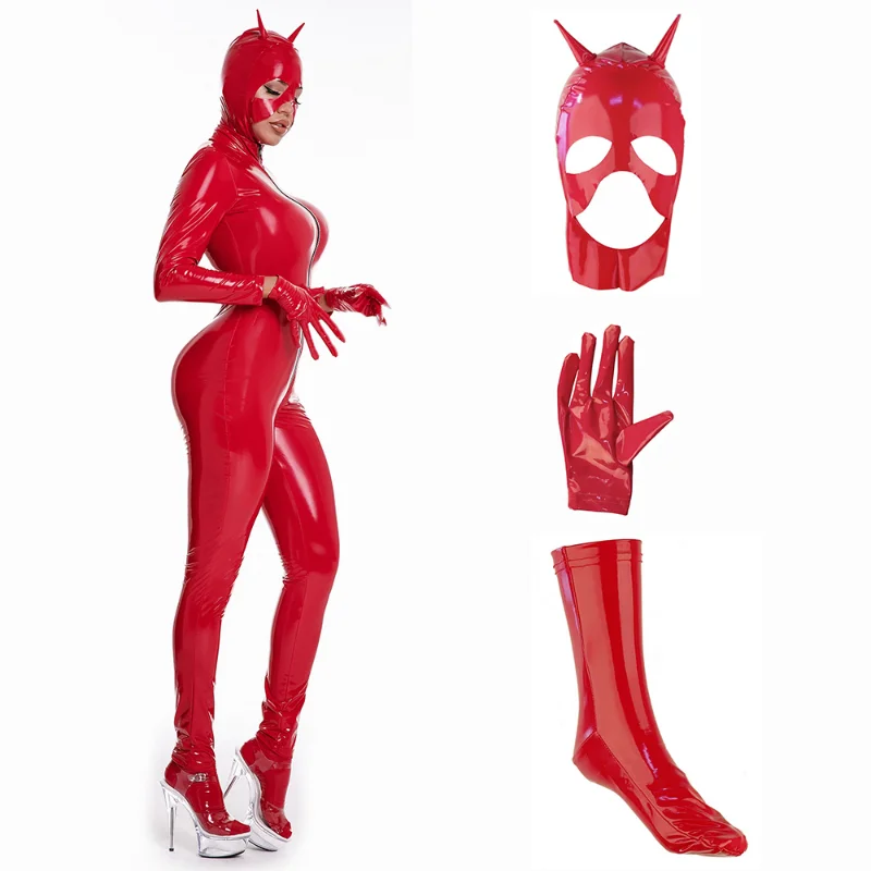 Wet Look Full Body Women Latex Catsuit Costumes+Mask+Gloves+Socks Kit Zip-Around Long Sleeve Open Crotch PVC Leather Jumpsuit