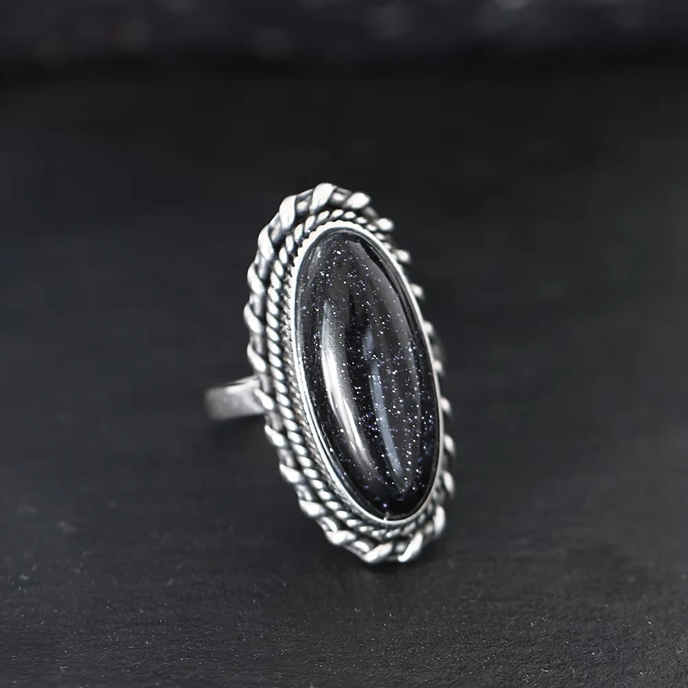 925 Sterling Silver Ring Jewelry Vintage Blue Sandstone Large Stone Luxury Elegant Ring Fine Gift Rings for Women Men