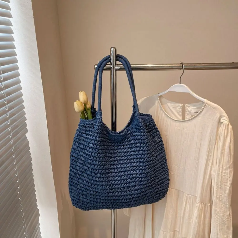 Borsa a Spalla in Paglia con Manico Superiore e Intaglio, Borsa Tote Bohemien Traspirante Intrecciata con Nappa, Borsa Casual Estiva da Spiaggia per Vacanze - immagine 4