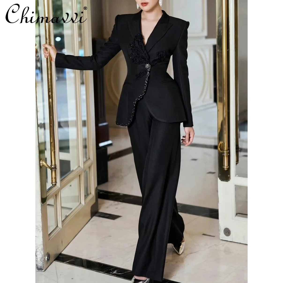 

High-End OL Women's Outfits 2024 Spring Fashion Black Irregular Suit Jacket Wide Leg Pants Temperament Ladies Two-Piece Set
